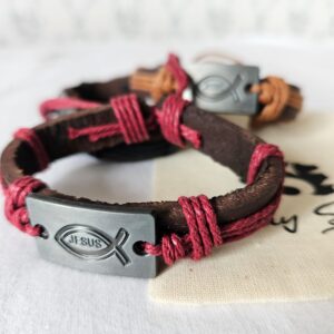 Leather Bracelet Jesus Fish Merlot