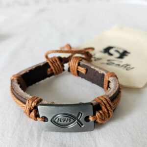 Leather Bracelet Jesus Fish Light Brown