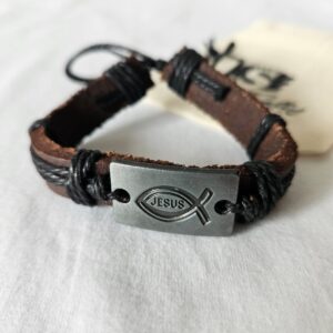 Leather Bracelet Jesus Fish Black