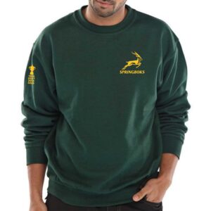 man wearing a bottle green sweatshirt with springboks supporters print and trophy cup with dates in golden yellow for south african clothing in new zealand