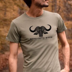 Man wearing South African clothing T-Shirt a sand colour shirt with black Cape Buffalo print