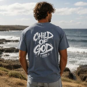 Man wearing a Child of God men’s Christian T-shirt in colour faded indigo blue while looking at the ocean view