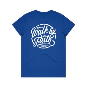Christian apparel NZ Walk By Faith women’s tee bright royal blue