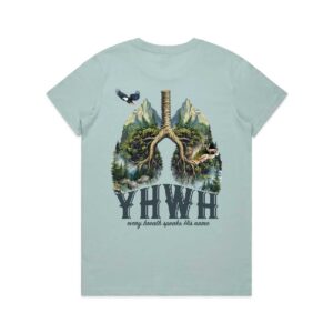 Woman wearing YHWH Every Breath Speaks His Name Christian t-shirt in pale blue